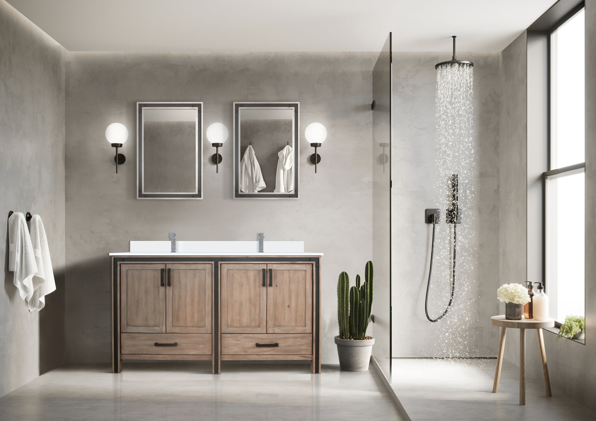 Rustic Barnwood Double Bath Vanity 60 in. W x 22 in. D, White Quartz Top and Faucet Set
