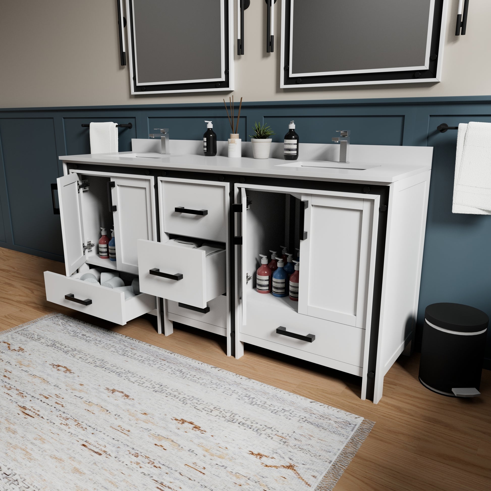 72 Inch White Bathroom Vanity with Plywood Storage for Renovation