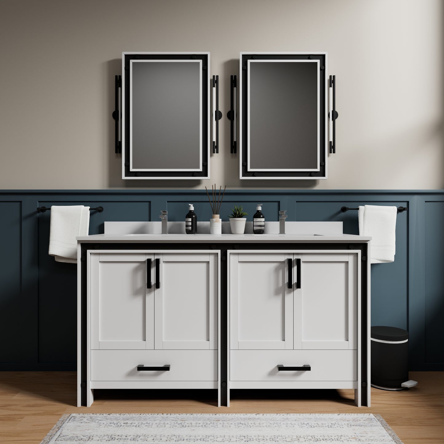 White Double Bath Vanity with Storage - 60" Wide