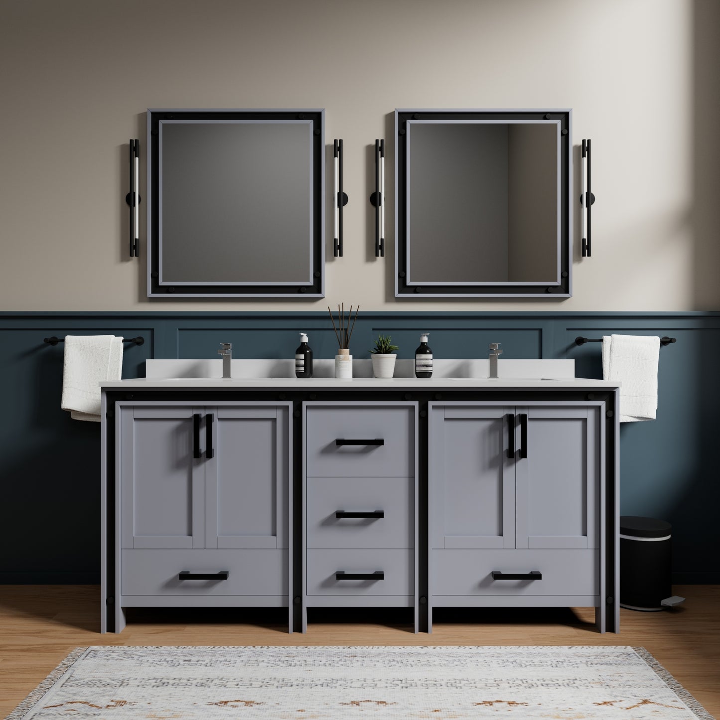 Dark Grey Double Bath Vanity with Mirror - 72" Wide for Bathroom