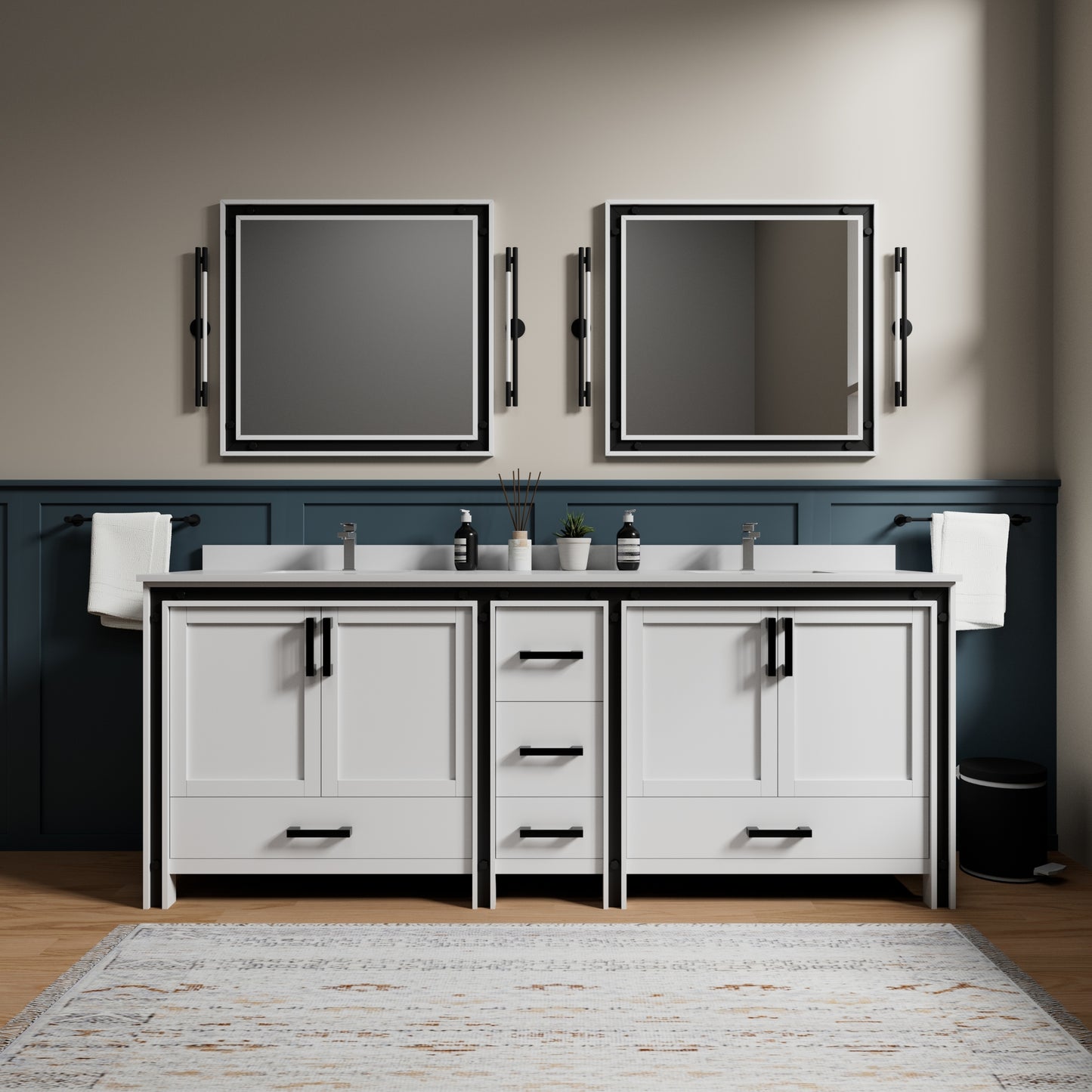 White Bathroom Vanity with Two Cabinets & Mirrors