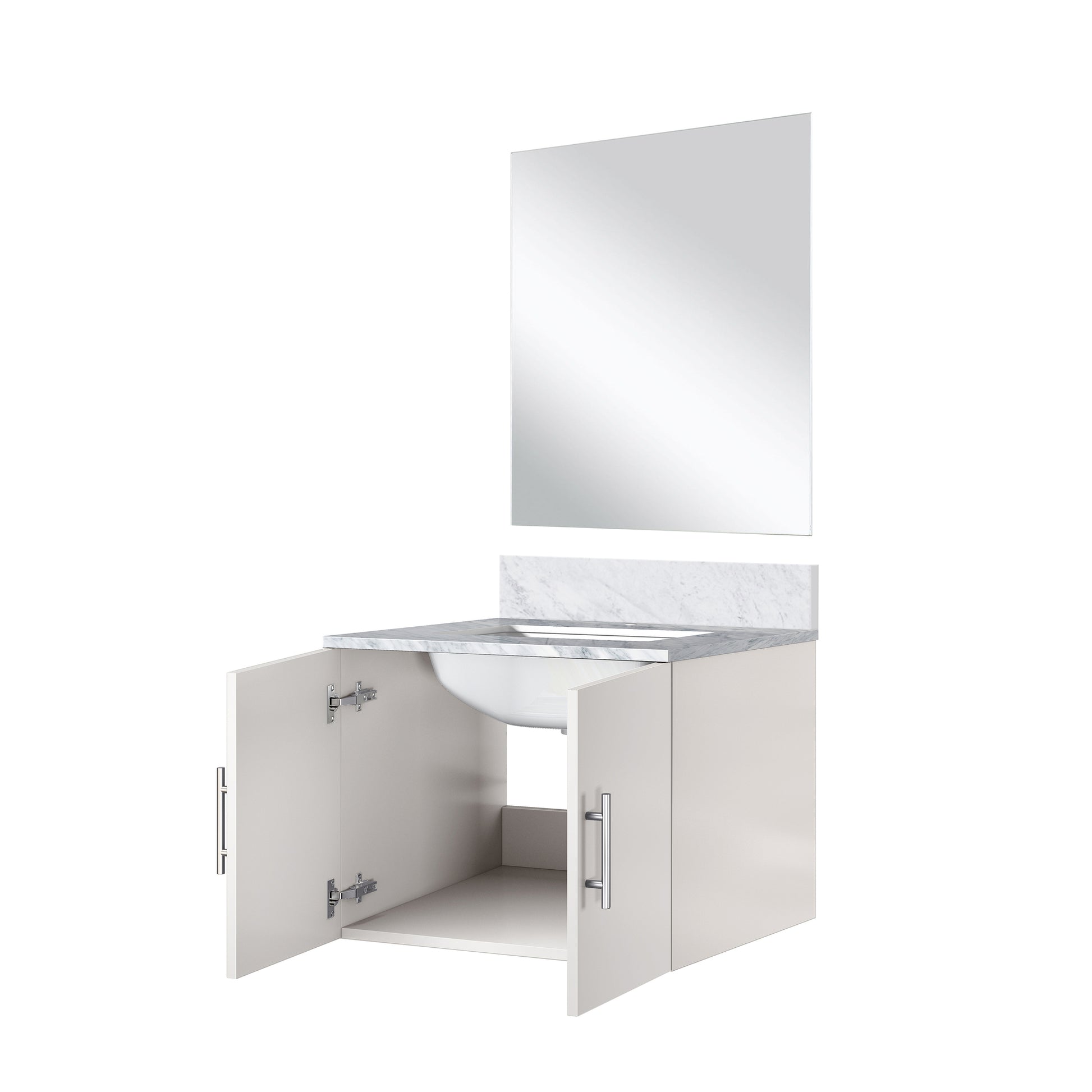 Glossy White Bathroom Vanity with Marble Top & Mirror