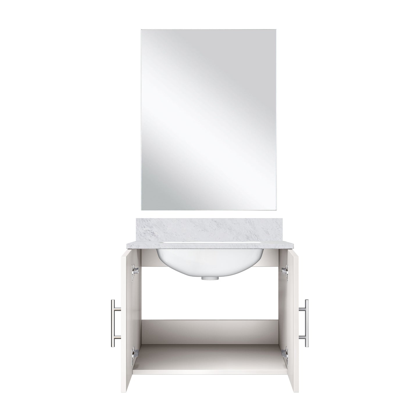 Glossy White Bathroom Vanity with Marble Top & Mirror