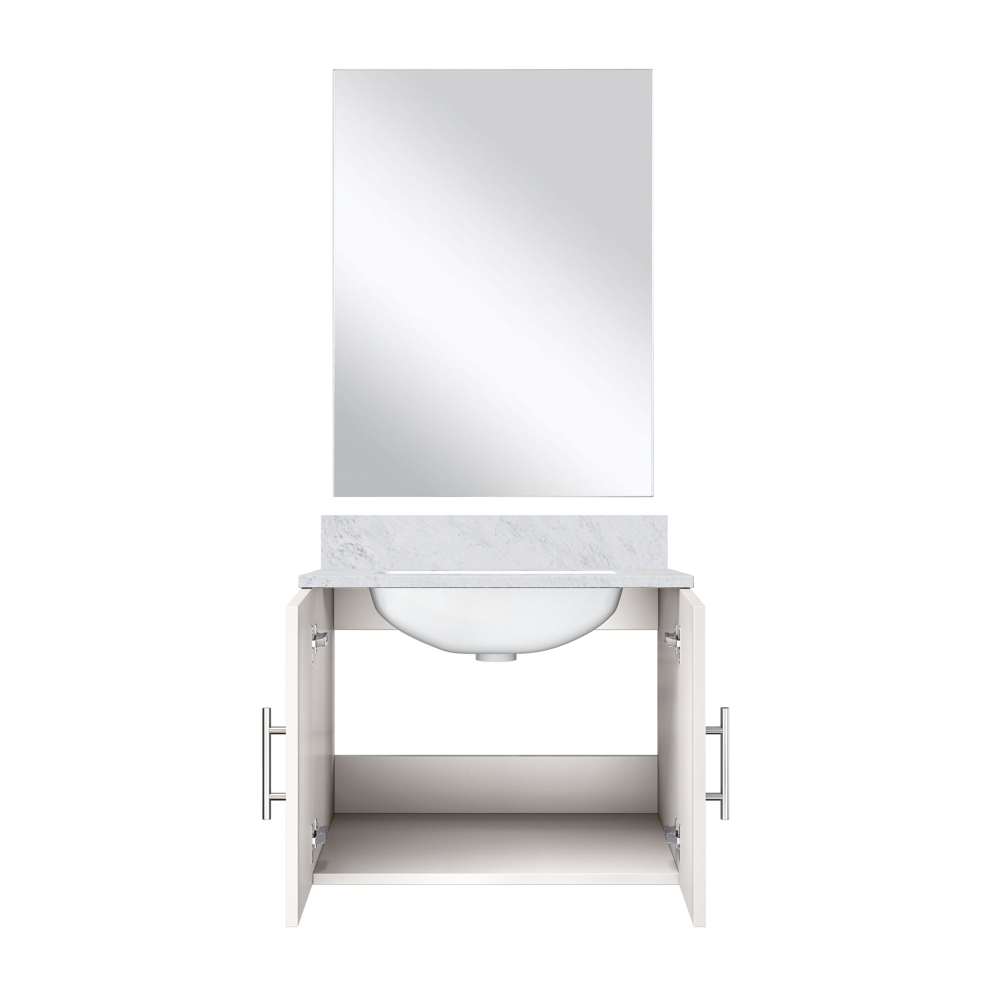 Glossy White Bathroom Vanity with Marble Top & Mirror