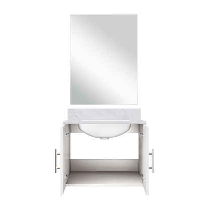 Glossy White Bathroom Vanity with Marble Top & Mirror
