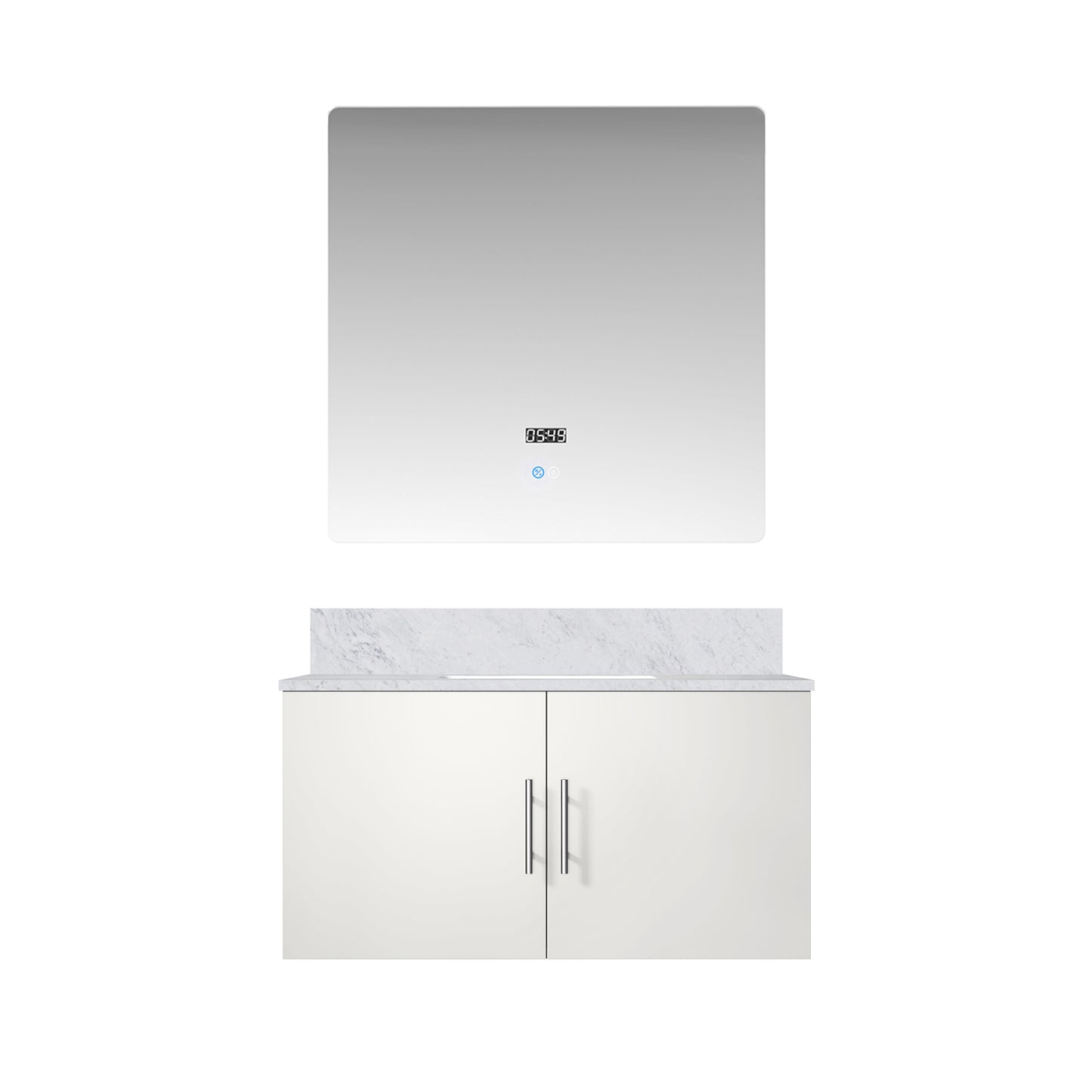 Glossy White Bathroom Vanity with Marble Top & Mirror