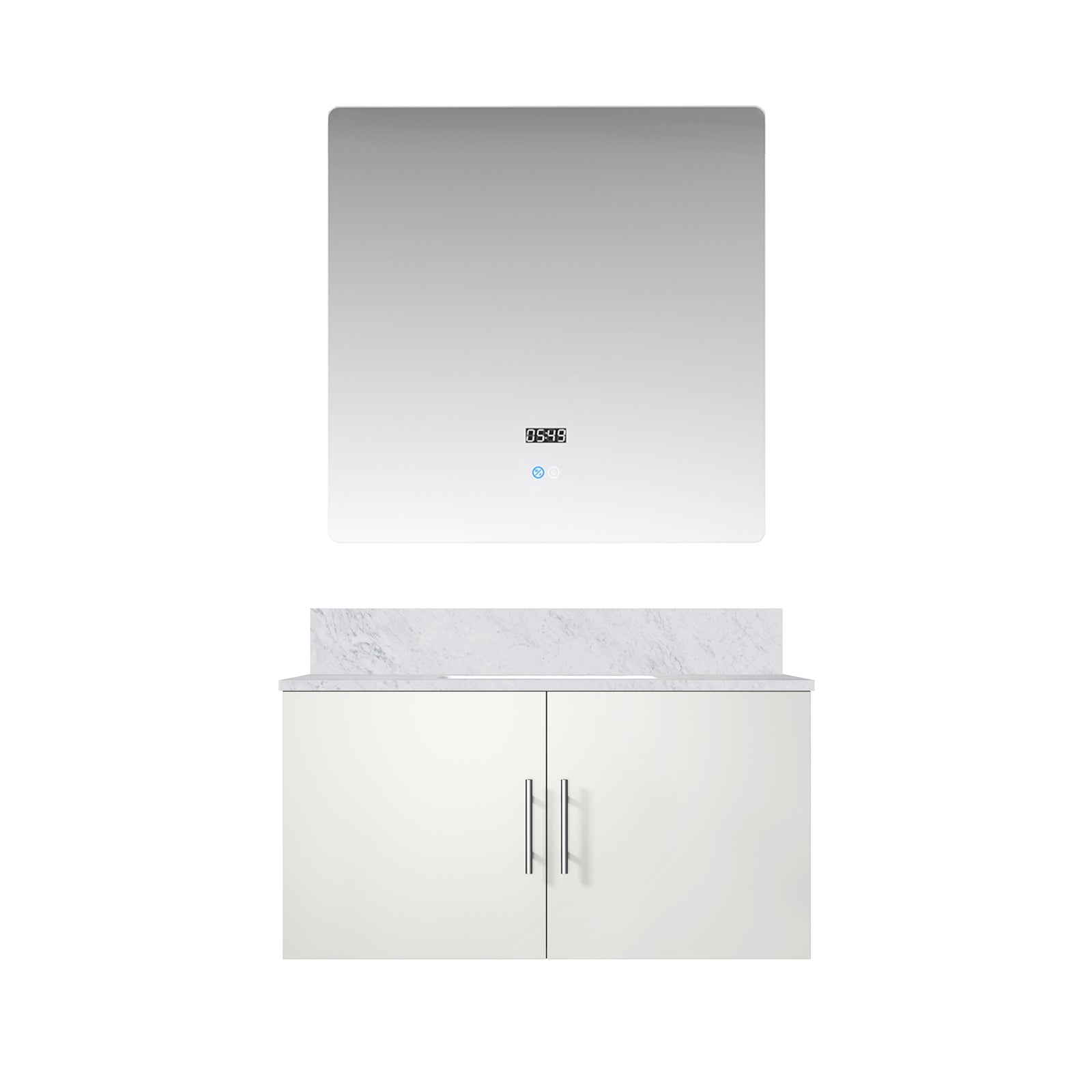 Glossy White Bathroom Vanity with Marble Top & Mirror