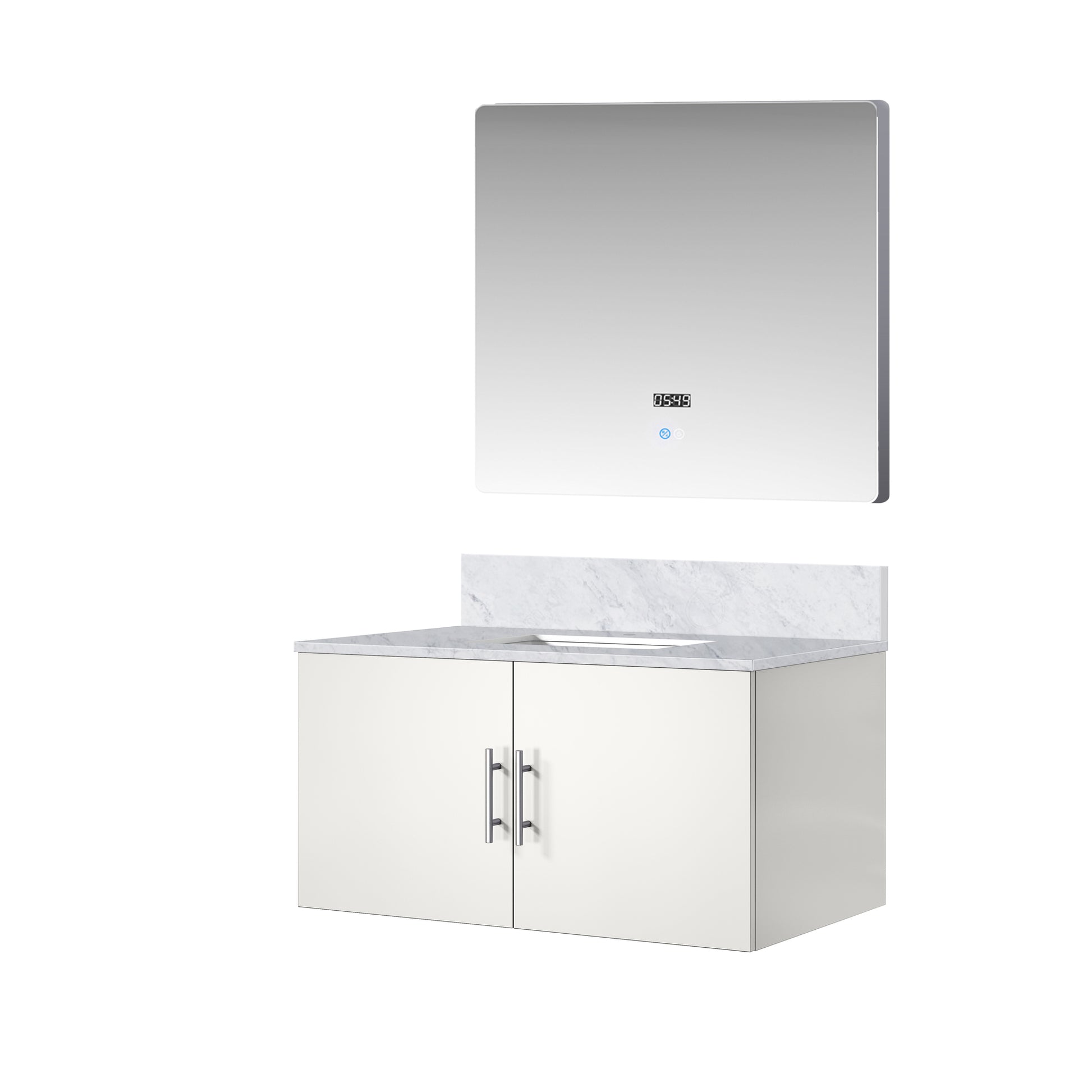 Glossy White Bathroom Vanity with Marble Top & Mirror