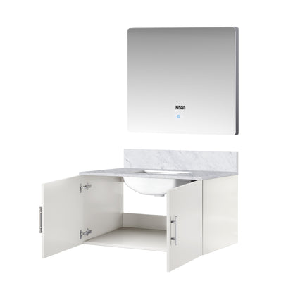 Glossy White Bathroom Vanity with Marble Top & Mirror