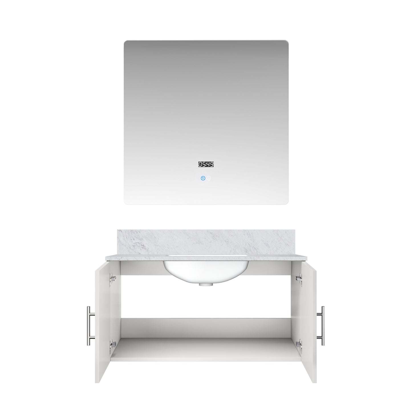 Glossy White Bathroom Vanity with Marble Top & Mirror