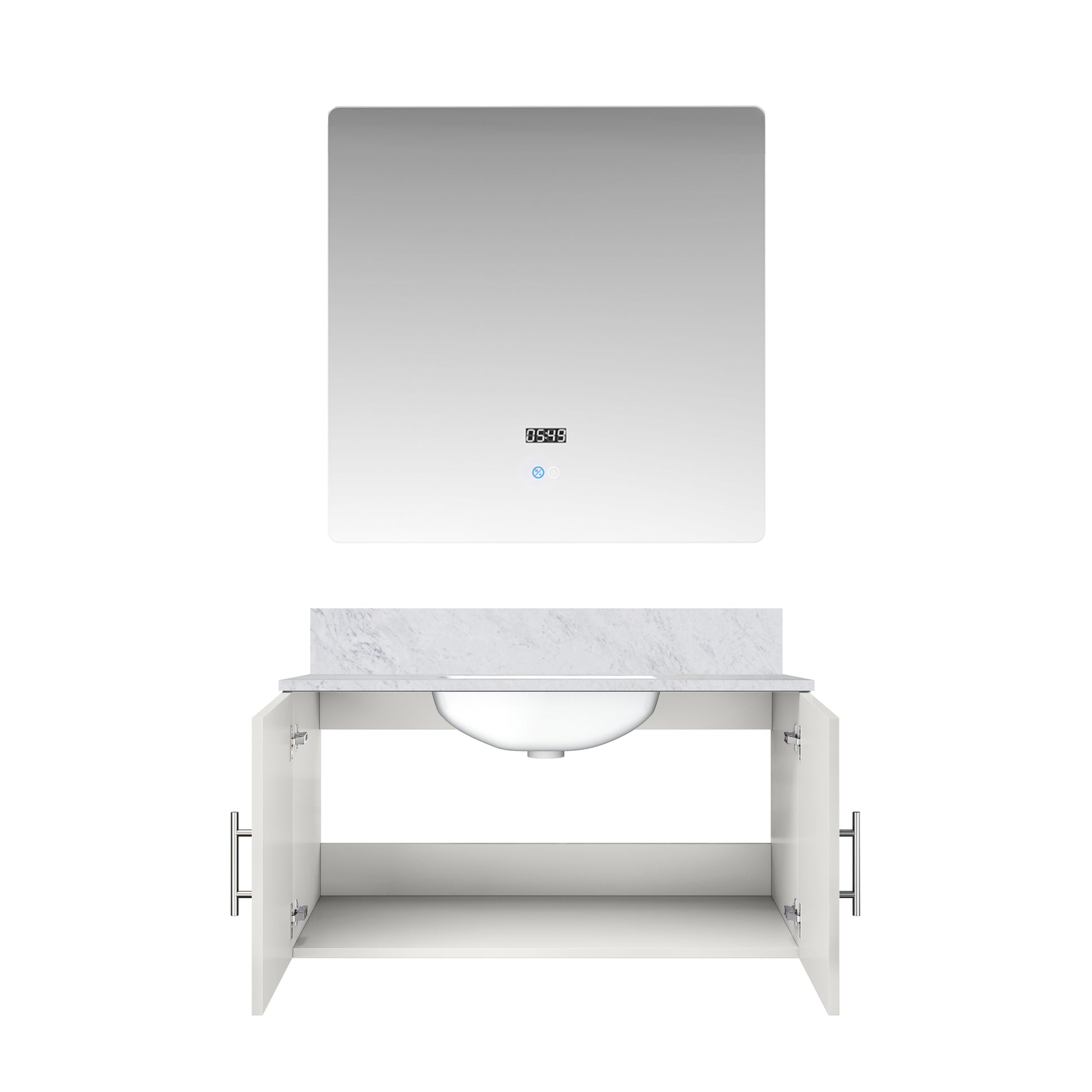 Glossy White Bathroom Vanity with Marble Top & Mirror