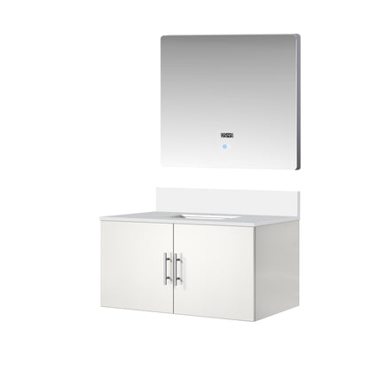 Glossy White Bathroom Vanity with Quartz Top & Mirror