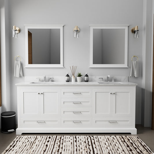 White Double Bath Vanity 80 in. W x 22 in. D, Carrara Marble Top, Faucet Set, and 30 in. Mirrors