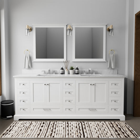 White Double Bath Vanity 84 in. W x 22 in. D, Carrara Marble Top, Faucet Set, and 34 in. Mirrors