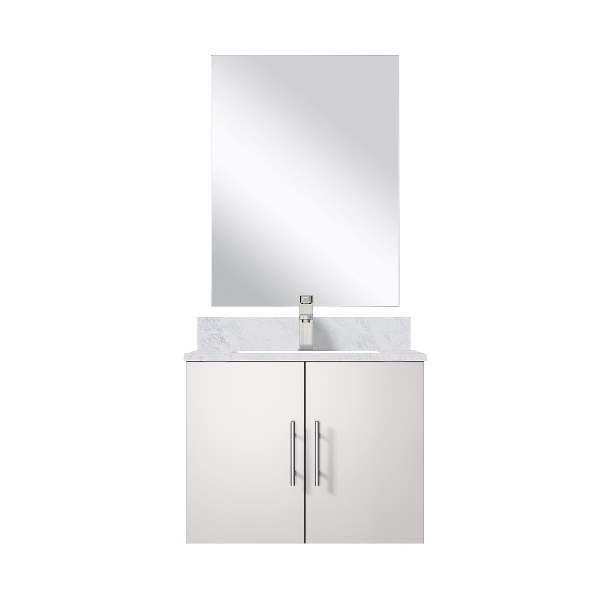 Glossy White Bathroom Vanity with Marble Top and Mirror Set