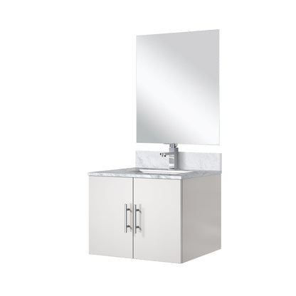 Glossy White Bathroom Vanity with Marble Top and Mirror Set