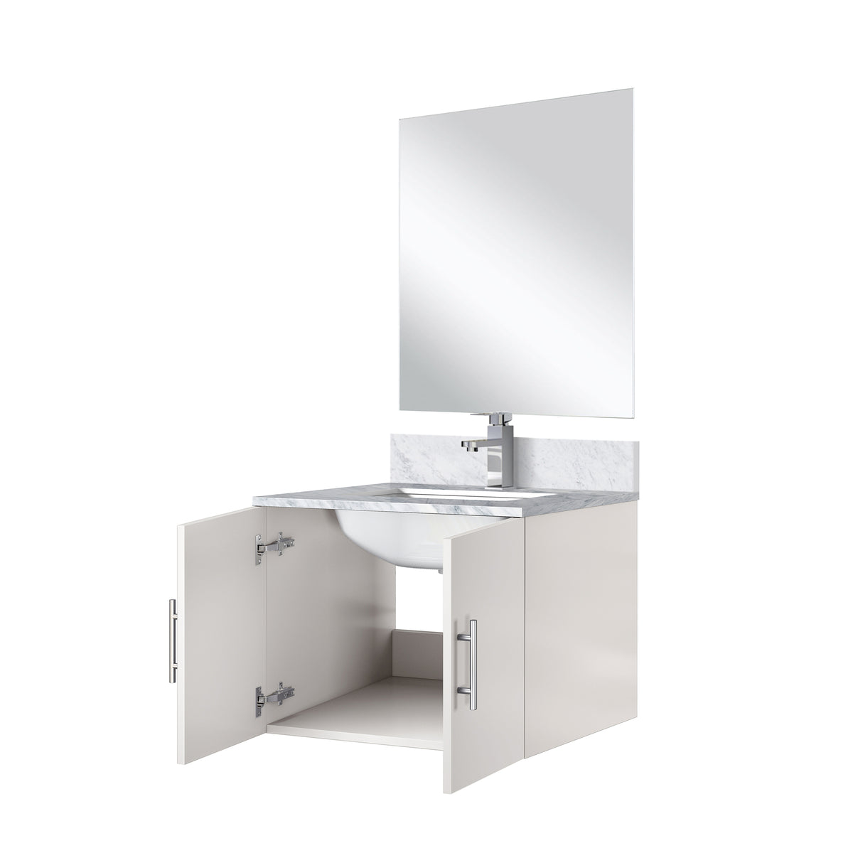 Glossy White Bathroom Vanity with Marble Top and Mirror Set