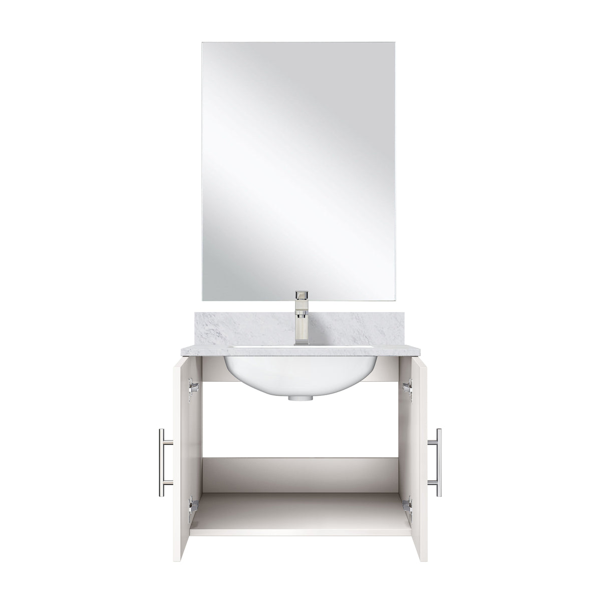 Glossy White Bathroom Vanity with Marble Top and Mirror Set