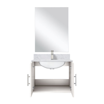 Glossy White Bathroom Vanity with Marble Top and Mirror Set