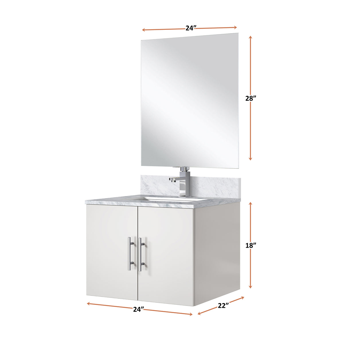 Glossy White Bathroom Vanity with Marble Top and Mirror Set