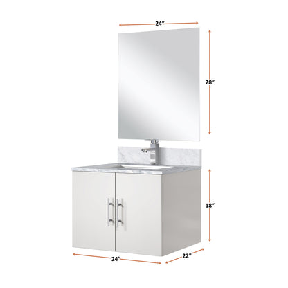 Glossy White Bathroom Vanity with Marble Top and Mirror Set
