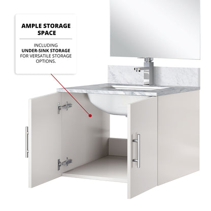 Glossy White Bathroom Vanity with Marble Top and Mirror Set