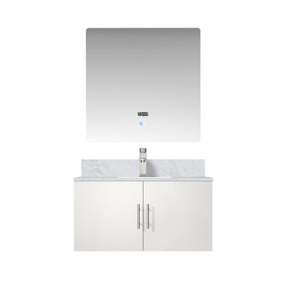 Glossy White Bath Vanity with Marble Top & Mirror for Bathroom