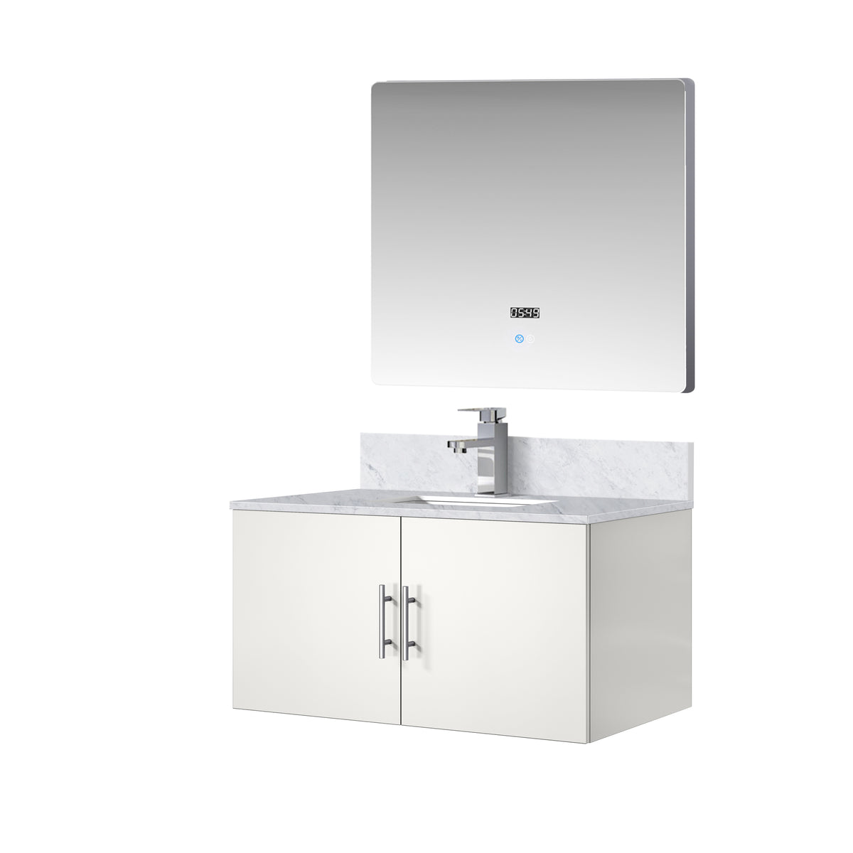 Glossy White Bath Vanity with Marble Top & Mirror for Bathroom