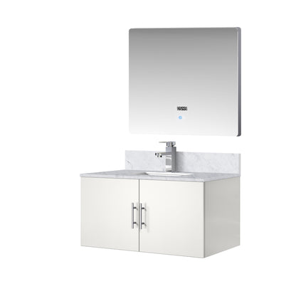 Glossy White Bath Vanity with Marble Top & Mirror for Bathroom