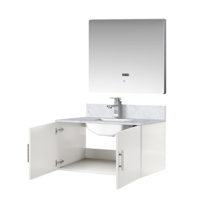 Glossy White Bath Vanity with Marble Top & Mirror for Bathroom