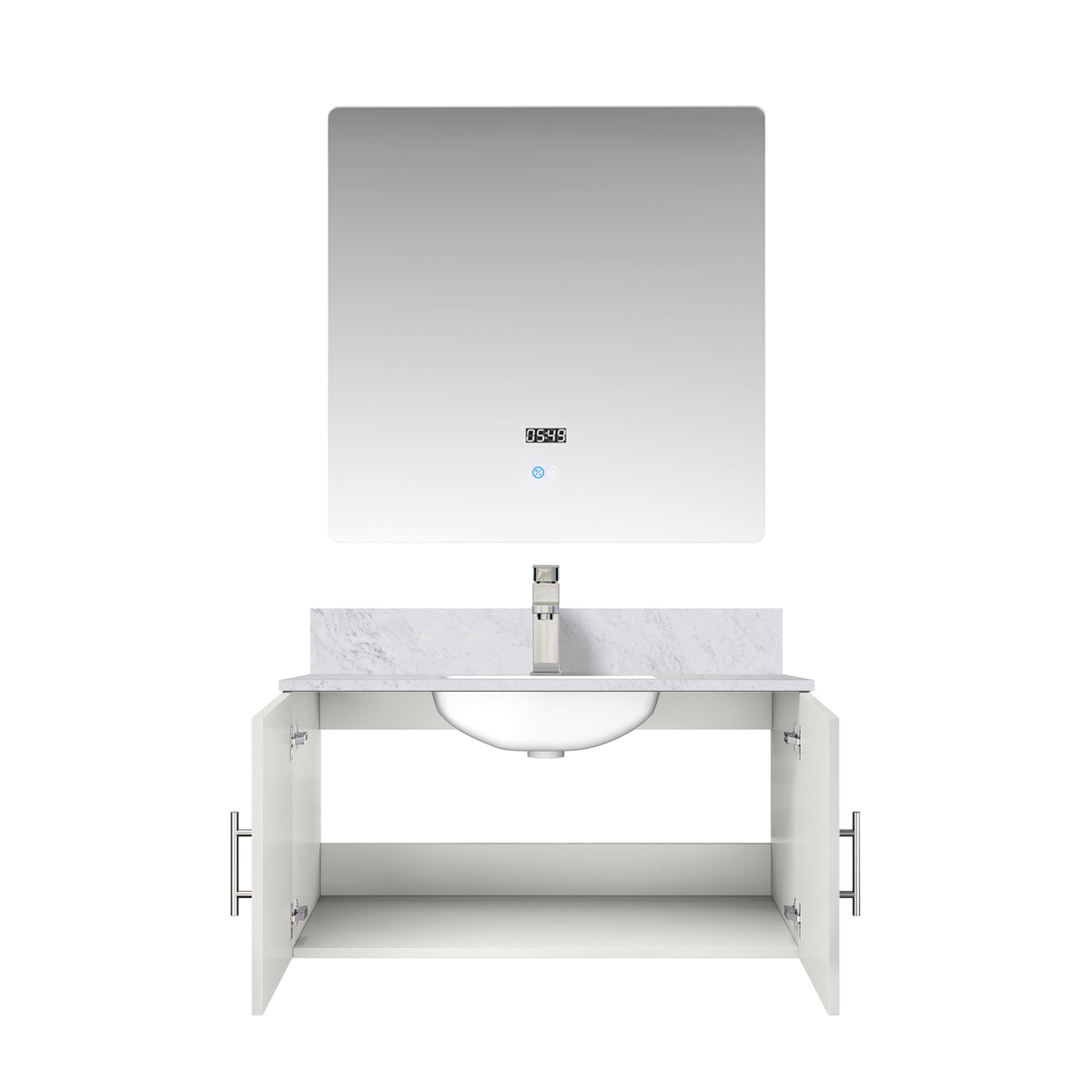 Glossy White Bath Vanity with Marble Top & Mirror for Bathroom