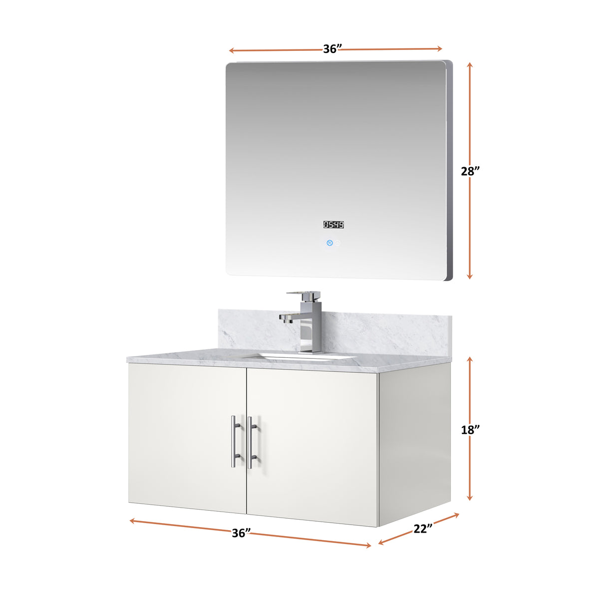 Glossy White Bath Vanity with Marble Top & Mirror for Bathroom