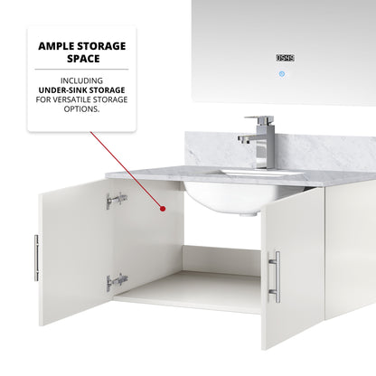 Glossy White Bath Vanity with Marble Top & Mirror for Bathroom