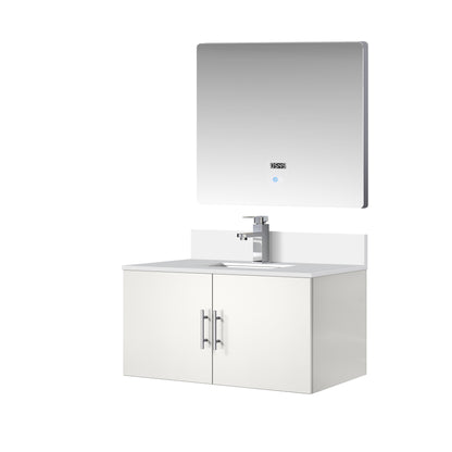 Glossy White Bathroom Vanity with Quartz Top & Mirror
