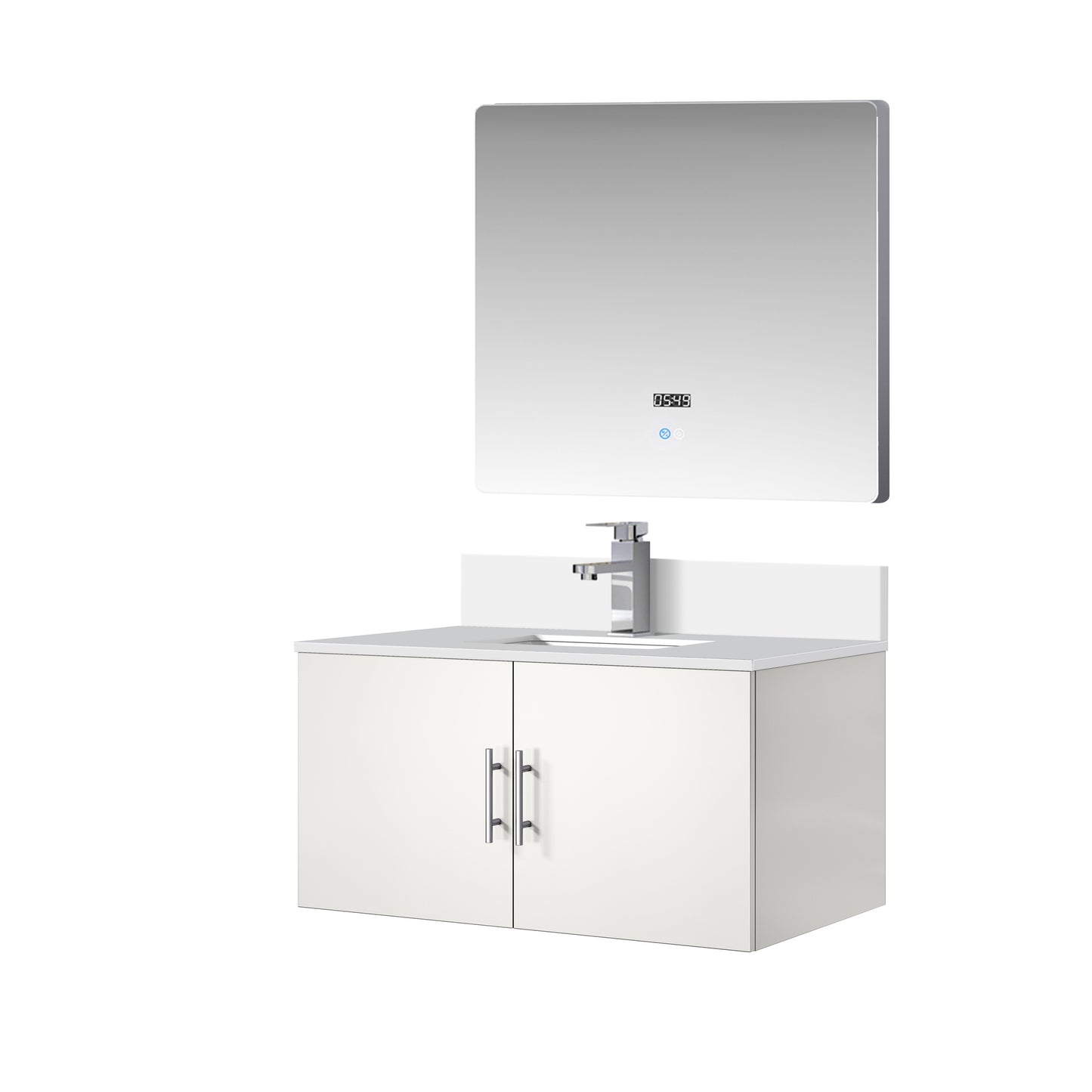 Glossy White Bathroom Vanity with Marble Top & Mirror