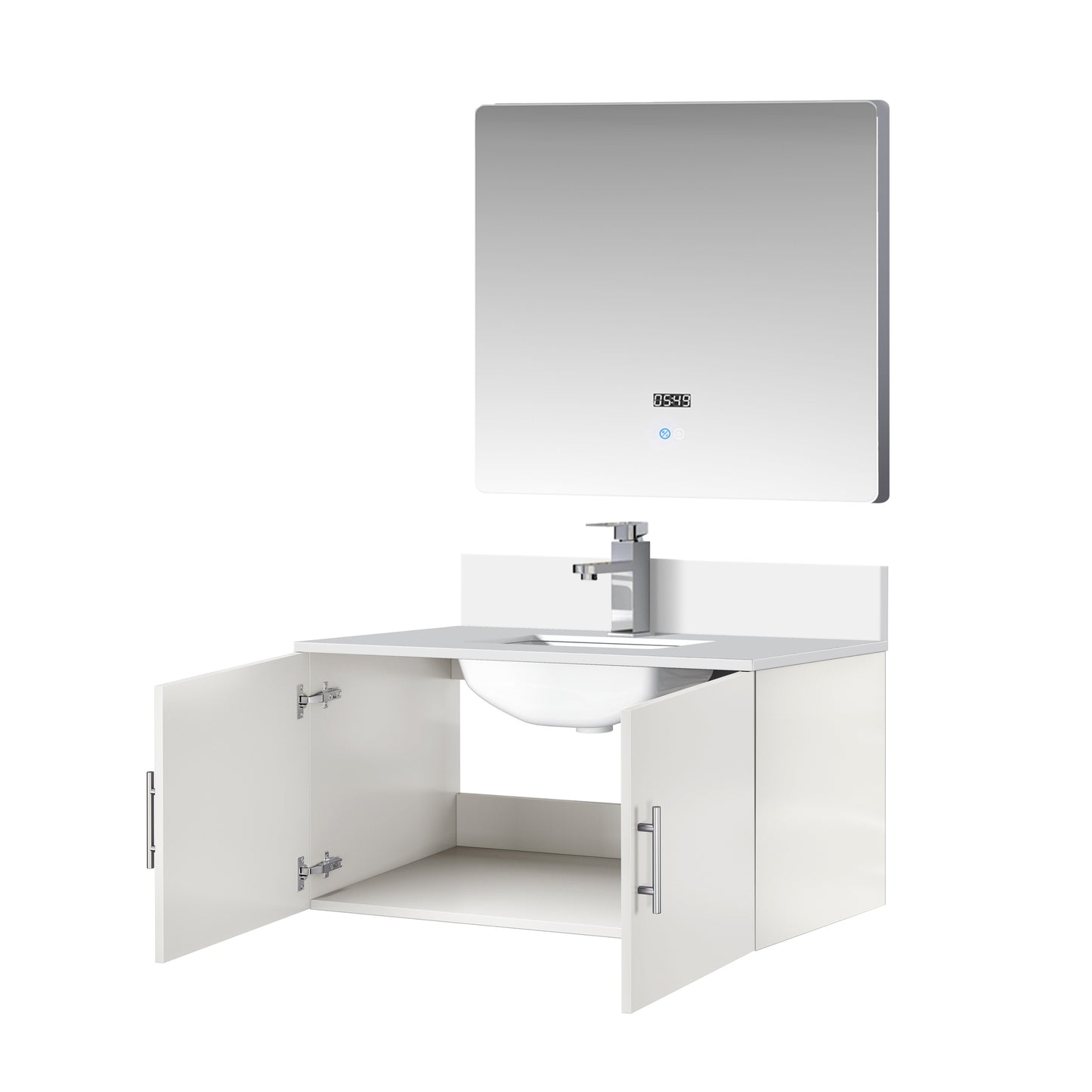 Glossy White Bathroom Vanity with Marble Top & Mirror