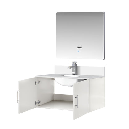 Glossy White Bathroom Vanity with Marble Top & Mirror