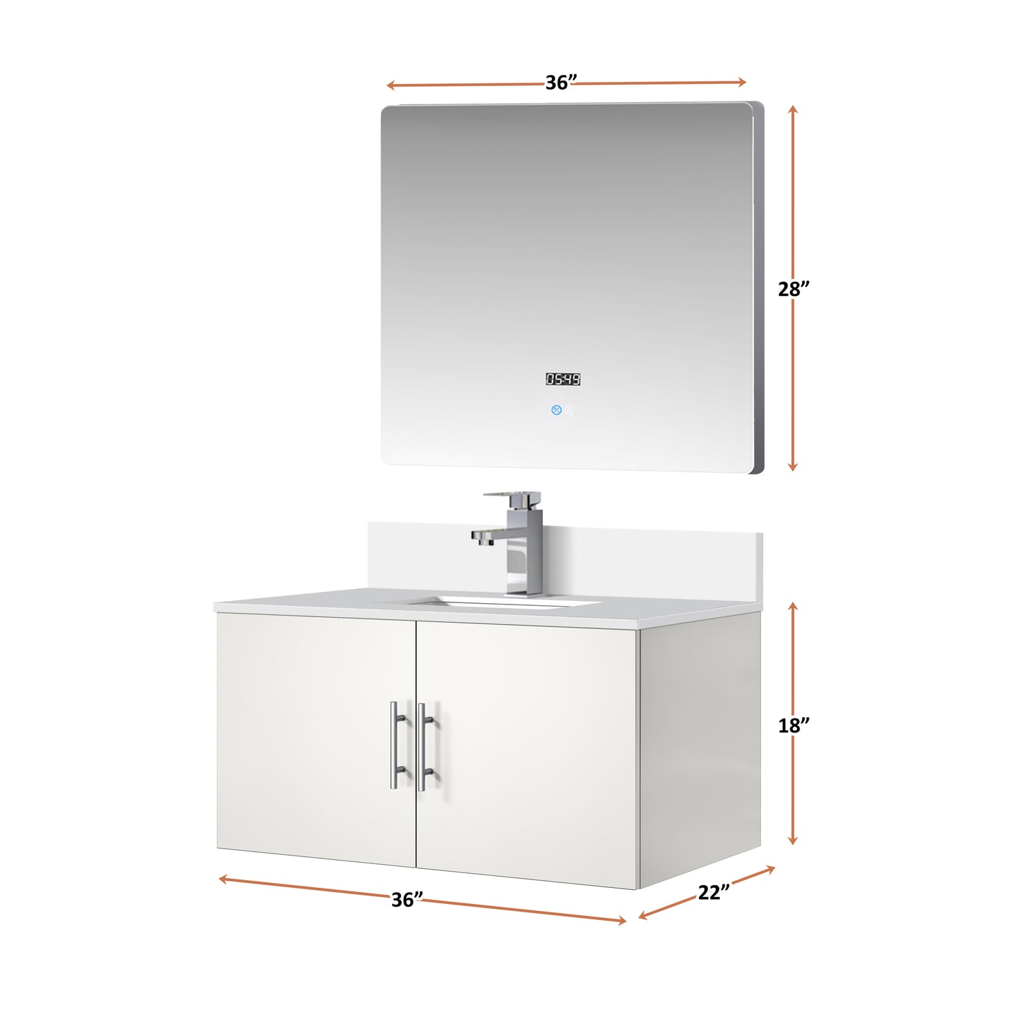 Glossy White Bathroom Vanity with Marble Top & Mirror