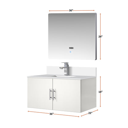 Glossy White Bathroom Vanity with Marble Top & Mirror