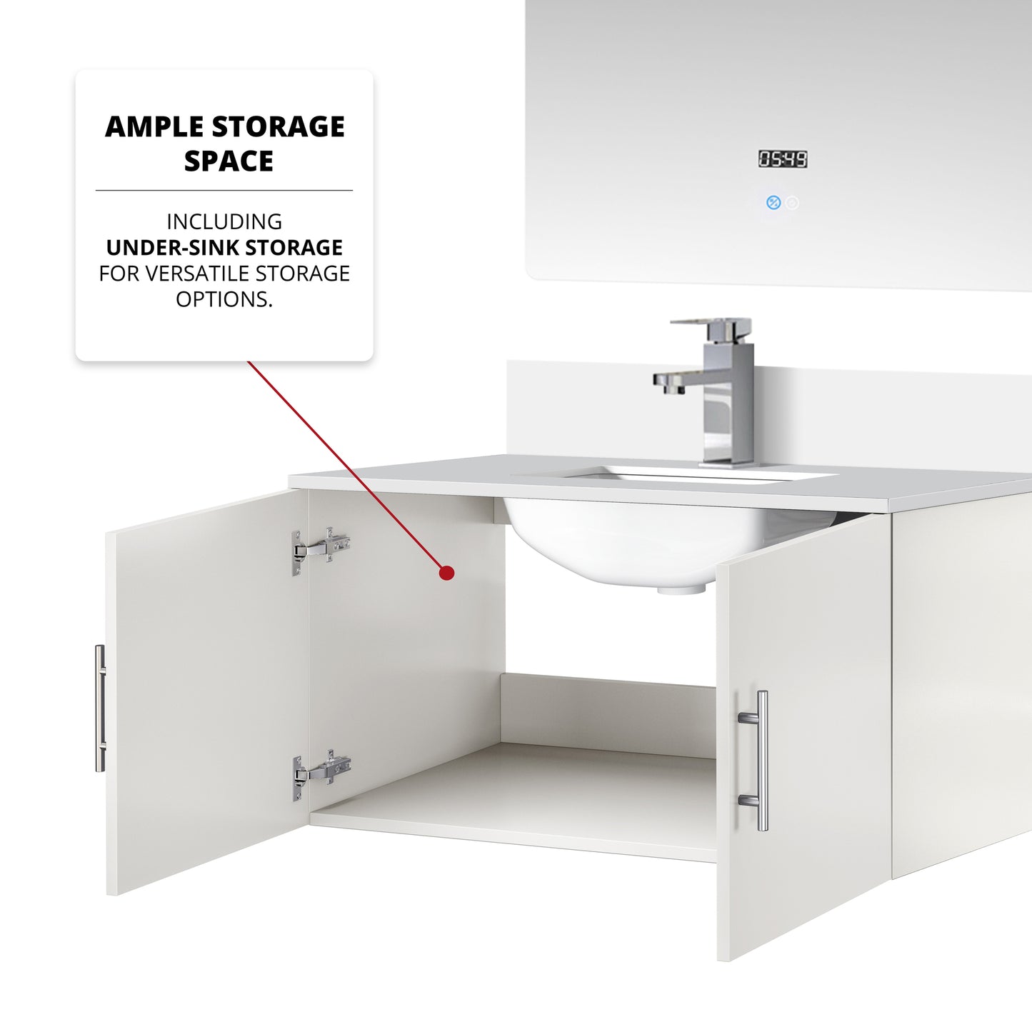 Glossy White Bathroom Vanity with Marble Top & Mirror