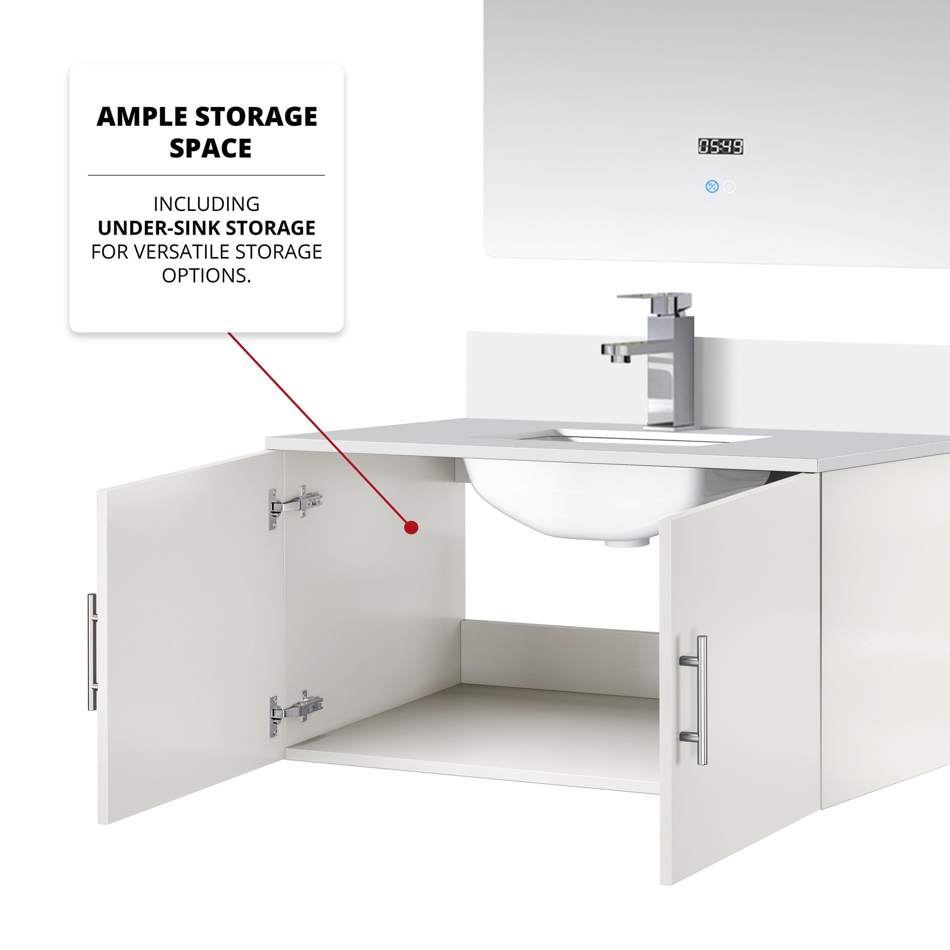 Glossy White Bathroom Vanity with Marble Top & Mirror