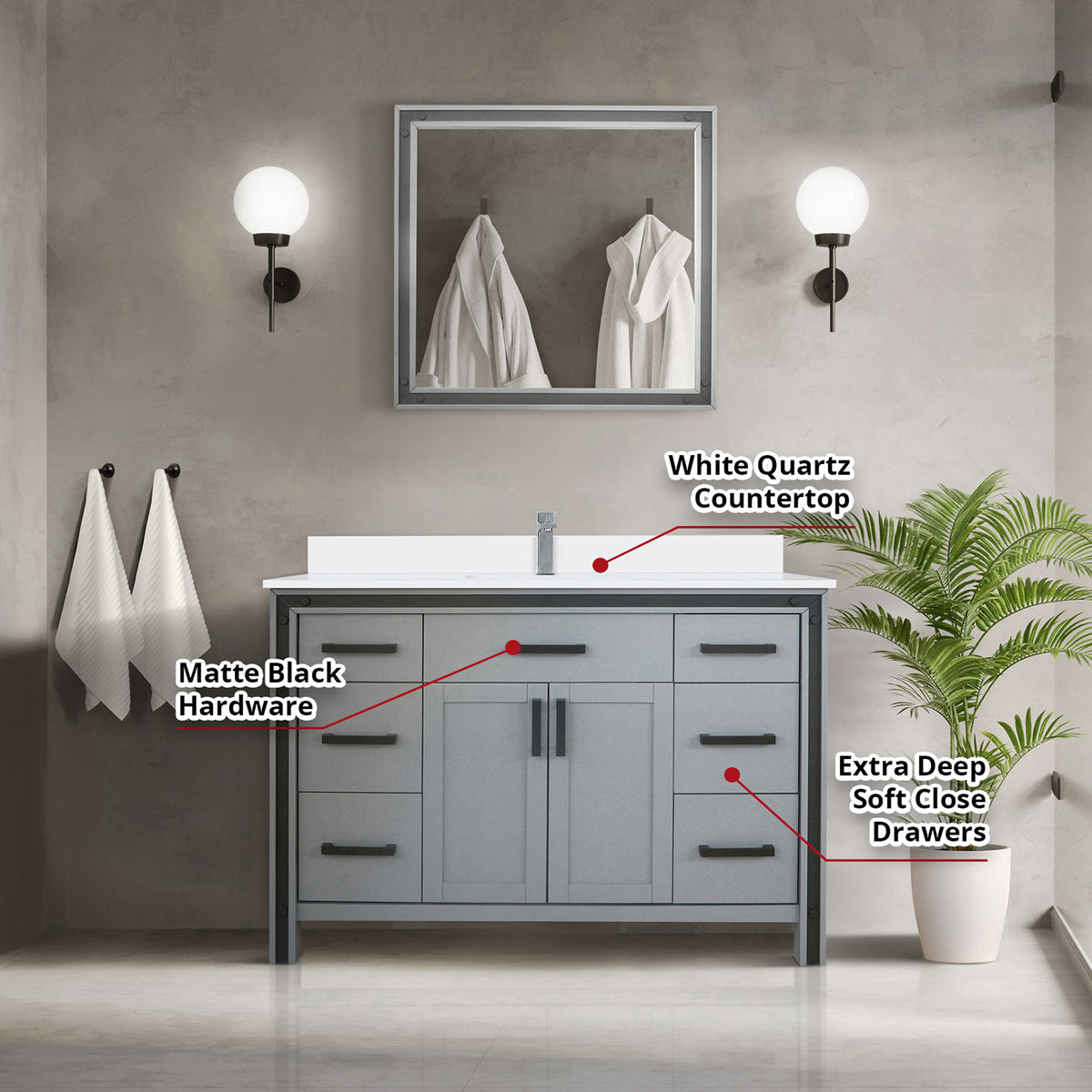 Dark Grey Bathroom Vanity with Quartz Top & Mirror