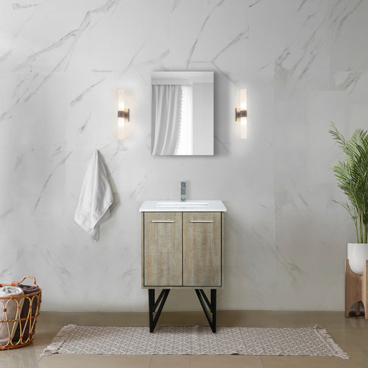Rustic Acacia Bath Vanity 24 in. W x 20 in. D, White Quartz Top, Chrome Faucet Set and 18 in. Mirror