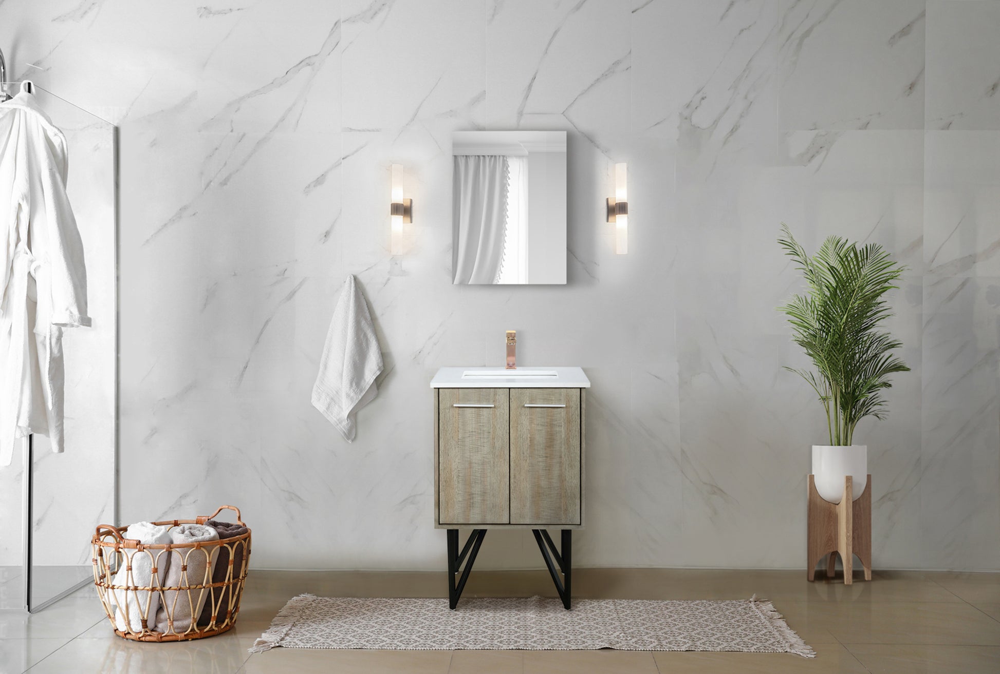 Acacia Wood Bath Vanity - Rose Gold Faucet & Mirror