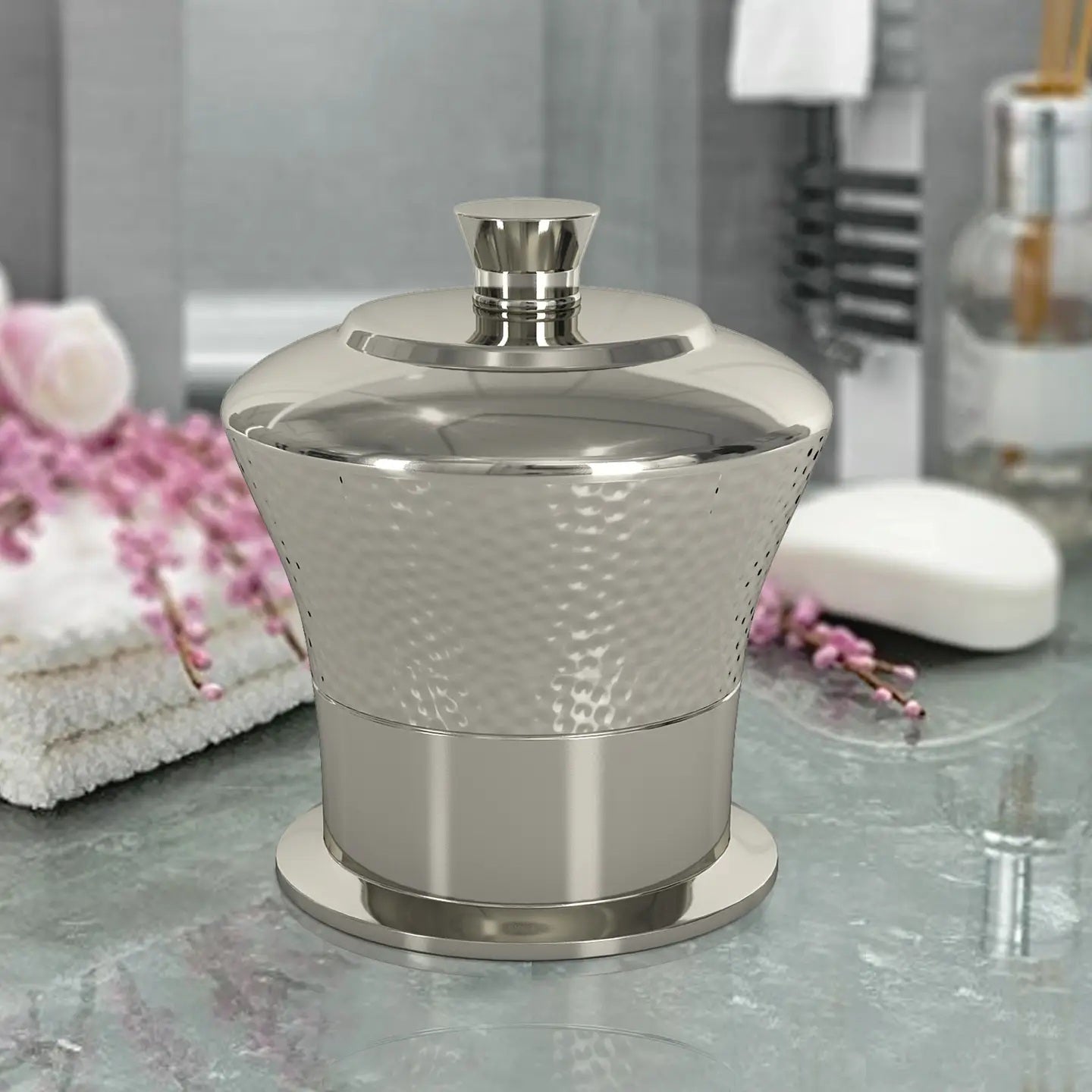 Classic Stainless Steel Vanity Jar Stylish Storage for Cotton Swabs,Sponges & Bath Salts   Decorative Canister for Bathroom,Bedroom   Hammered/Shiny Finish