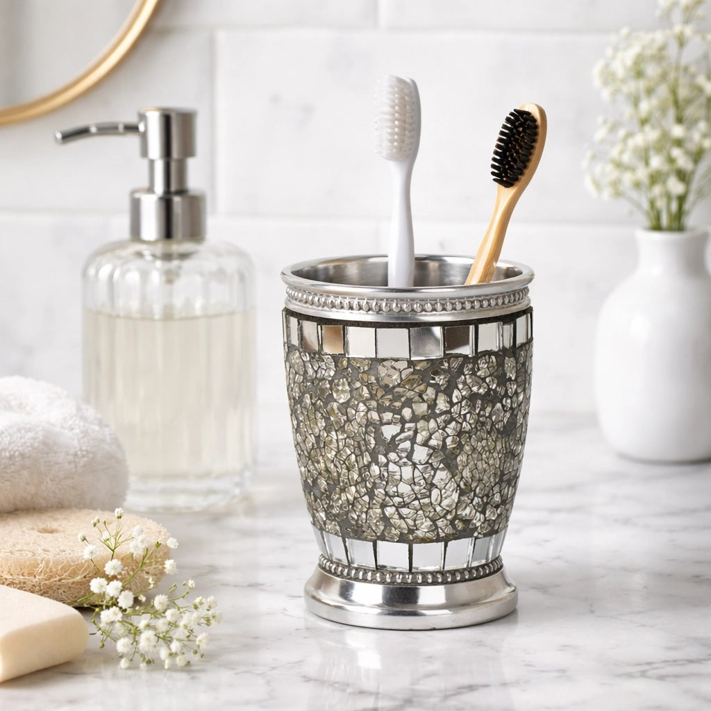 Bathroom Tumbler Cup Decorative Rinse Cup,Drinking Glass,Toothbrush & Makeup Brush Holder for Vanity Countertops,Sink & Desk  Ice Mosaic