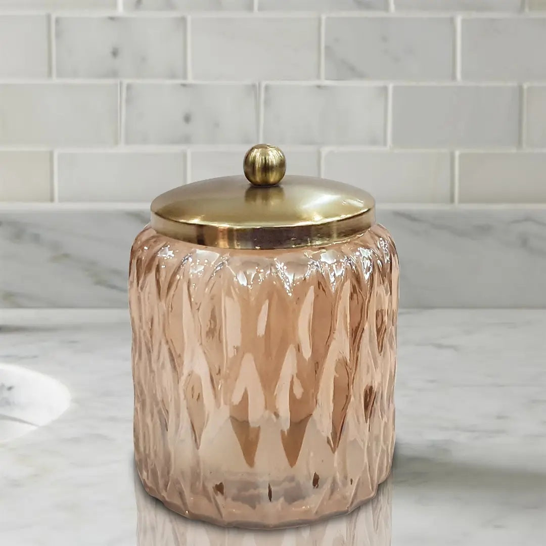 Glacier Amber Vanity Glass Jar  Stylish Storage for Cotton Swabs,Rounds,Balls,Sponges & Bath Salts   Decorative Canister for Bathroom, Bedroom   Amber Finish