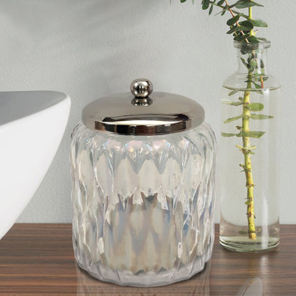 Glacier Vanity Glass Jar  Stylish Storage for Cotton Swabs,Rounds,Balls,Sponges & Bath Salts  Decorative Canister for Bathroom, Bedroom Lustre Finish