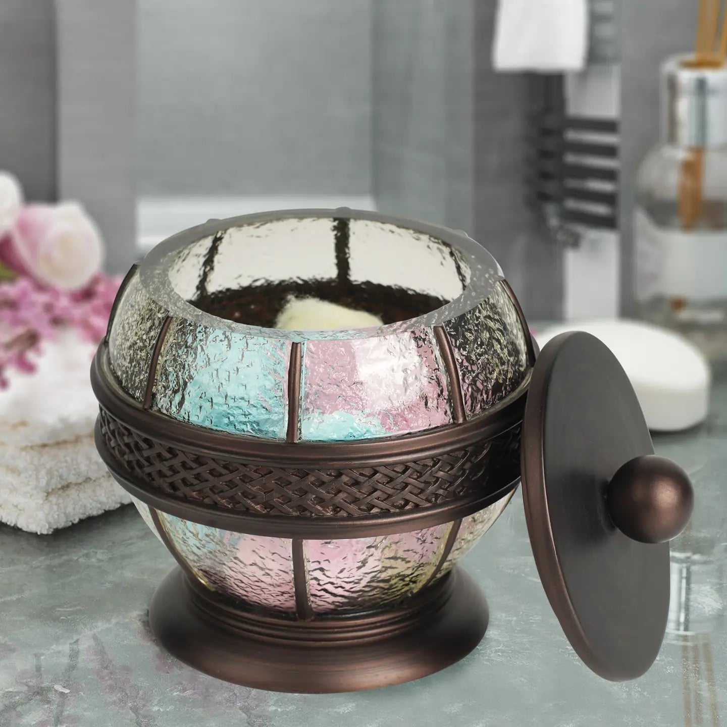 Resin crackled Ice Vanity Jar Stylish Storage for Cotton Swabs,Sponges & Bath Salts Decorative Canister for BathroomBedroom Oil Rubbed Bronze Finish