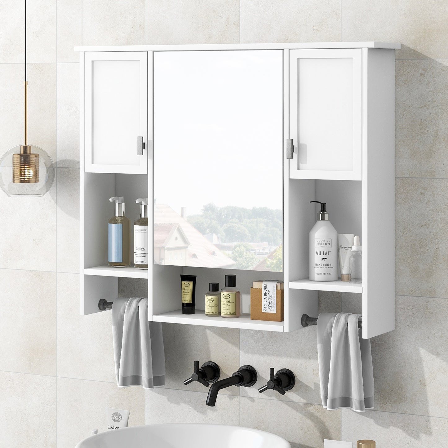 White MDF Bathroom Storage Cabinet with Mirror - Wall Mounted